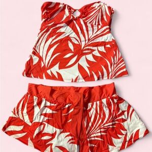 Red and White Tropical Print Top and Shorts Set